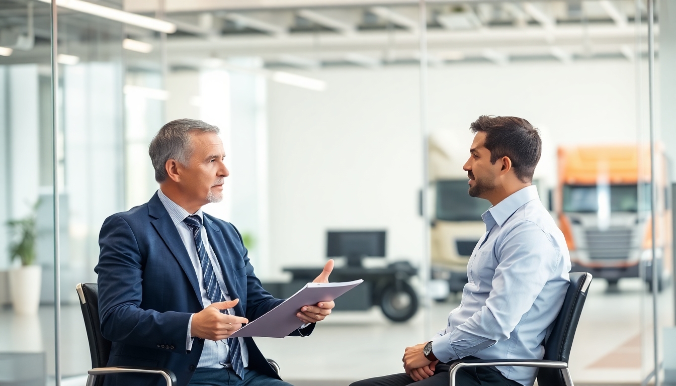 Insurance broker discussing transport accident coverage with client.