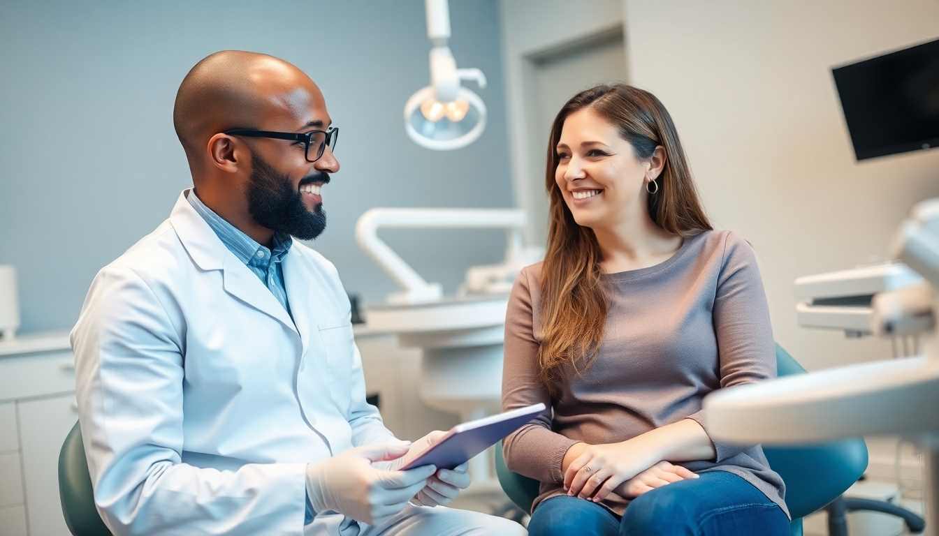 Dentist consulting with a female patient in office.