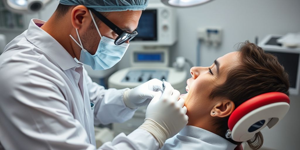 Dentist performing dental implant surgery