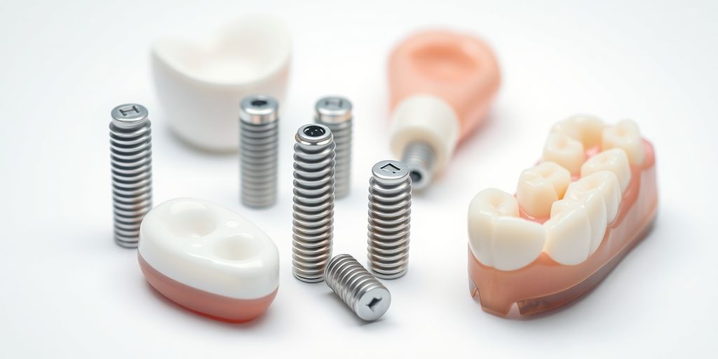 Dental implants and prosthetics on white background