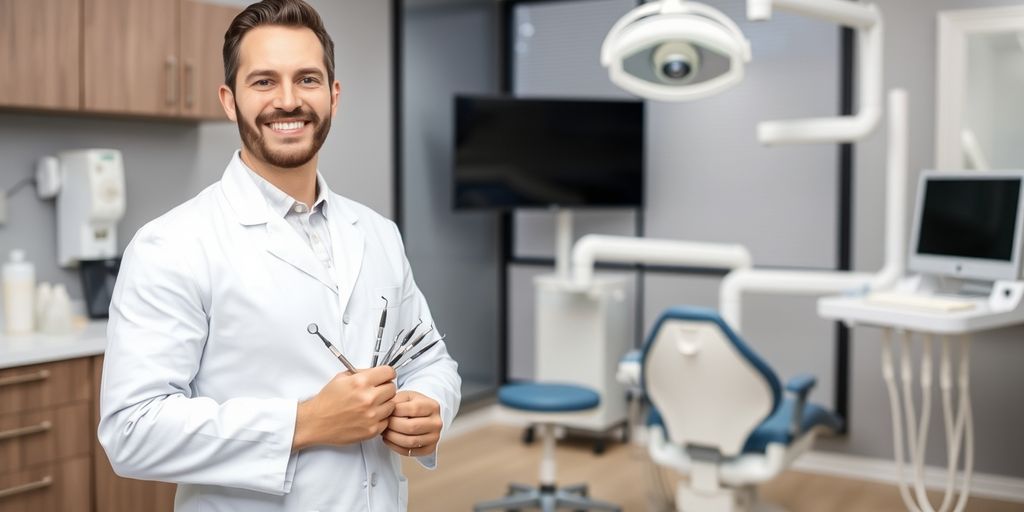 Implantologist in clinic with dental tools