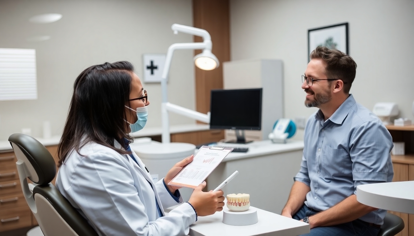Dentist consulting with a patient about dental implants.