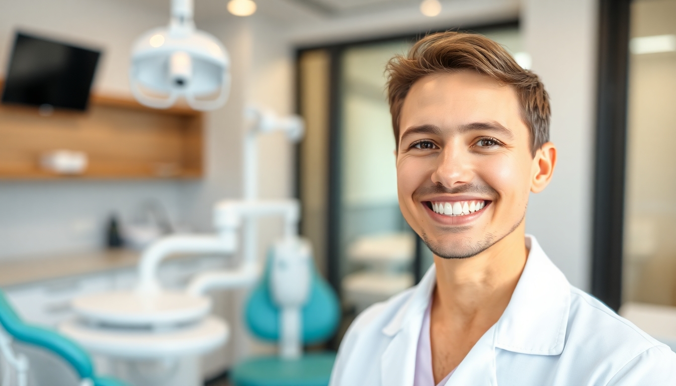 Smiling dentist in a modern dental office.