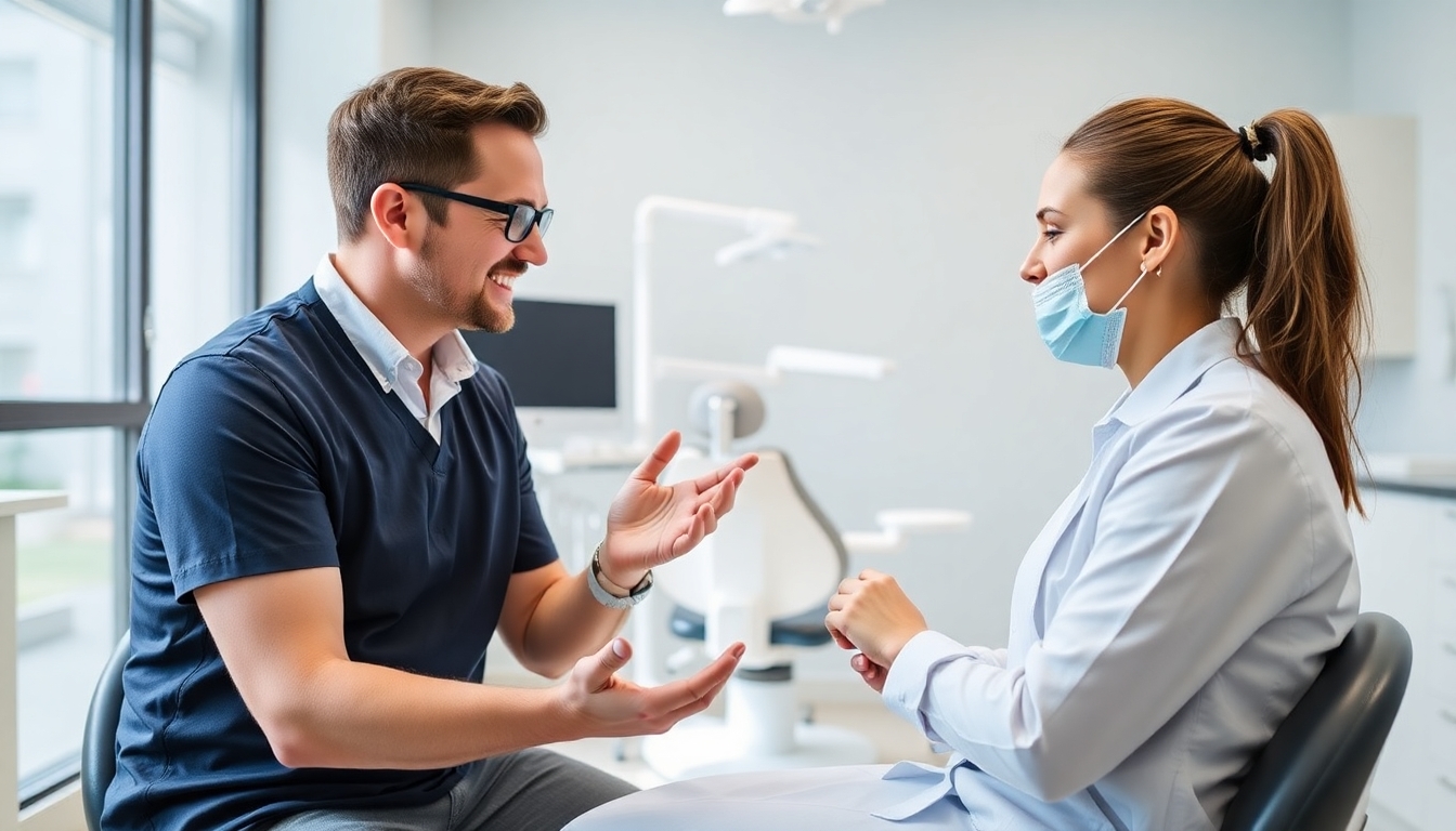Dentist advising a patient on dental hygiene.