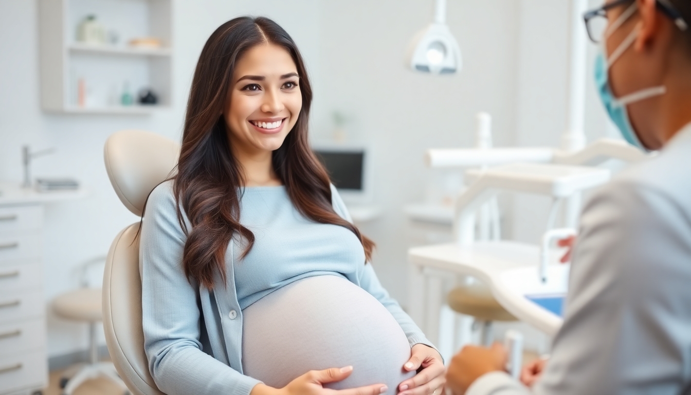 Pregnant woman at a dental clinic smiling with dentist.