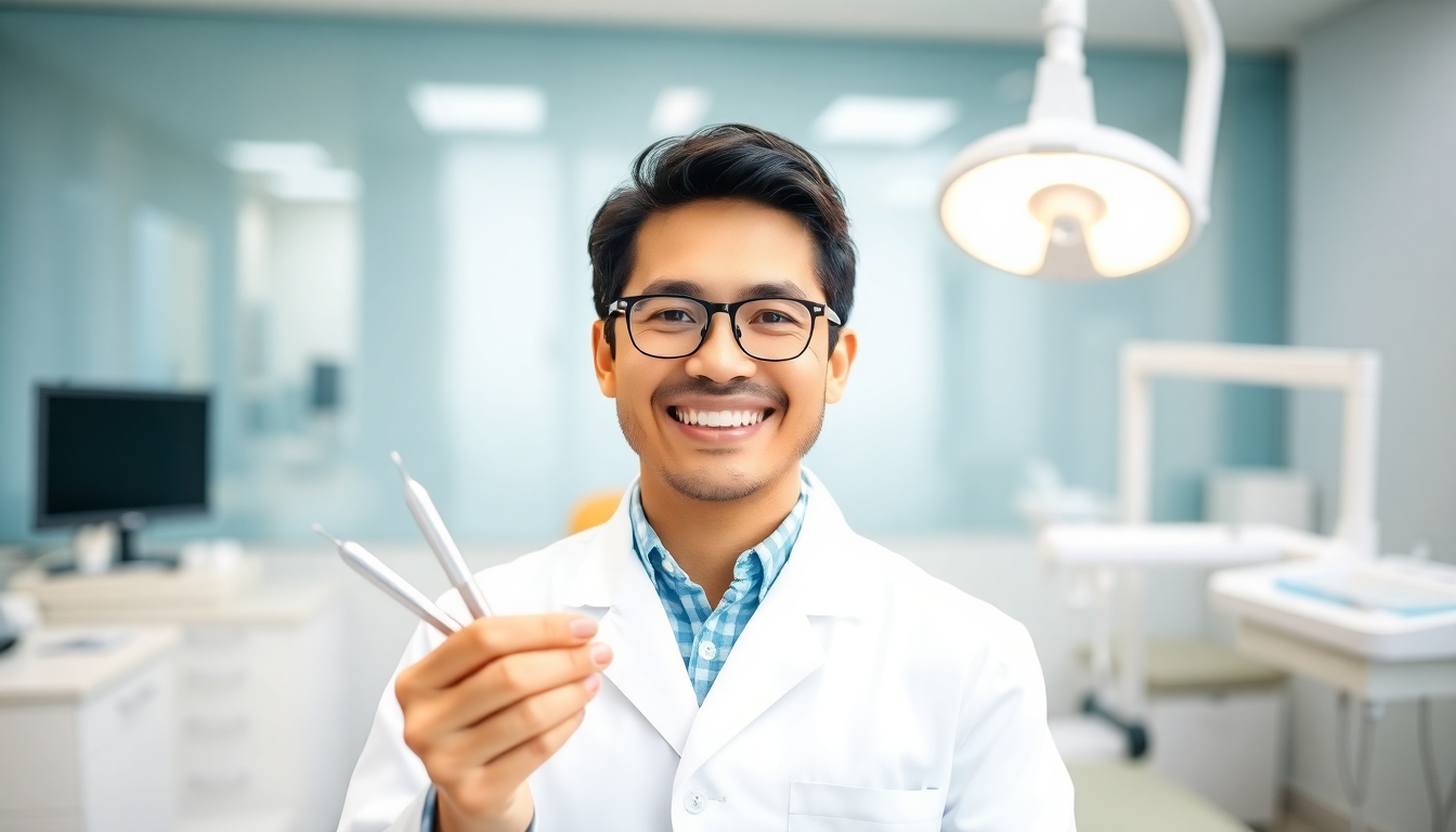 Smiling dentist in a modern dental office.