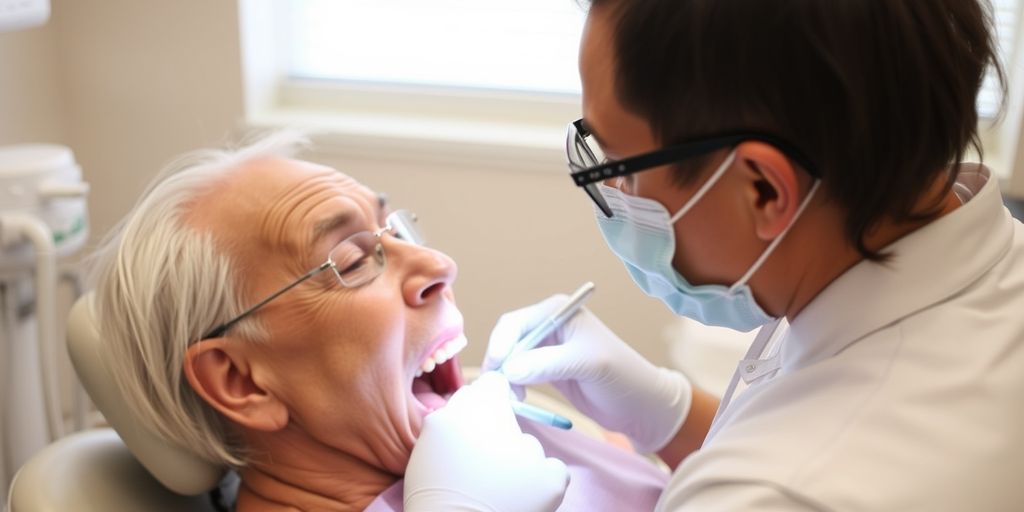 Dentist performing endodontic treatment on elderly patient