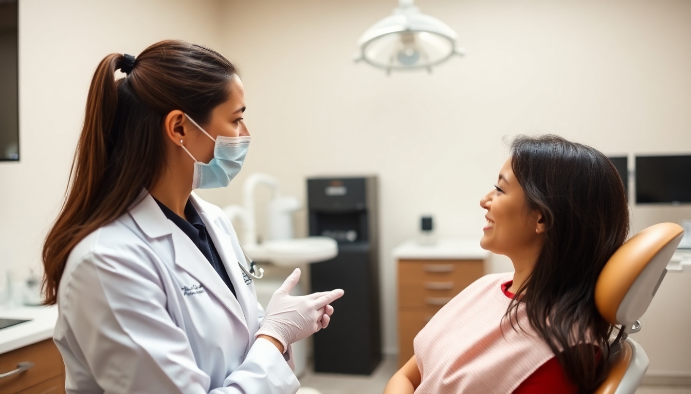 Dentist talking to a patient in a dental clinic.
