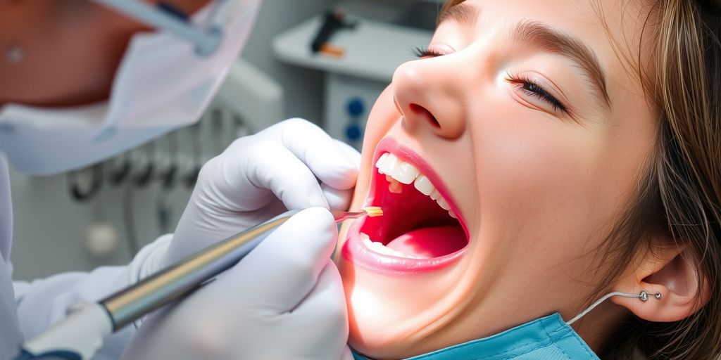 Dentist applying dental filling to a patient's tooth