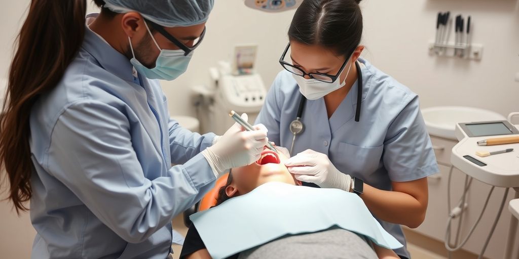 Dentist performing alveolotomy on patient