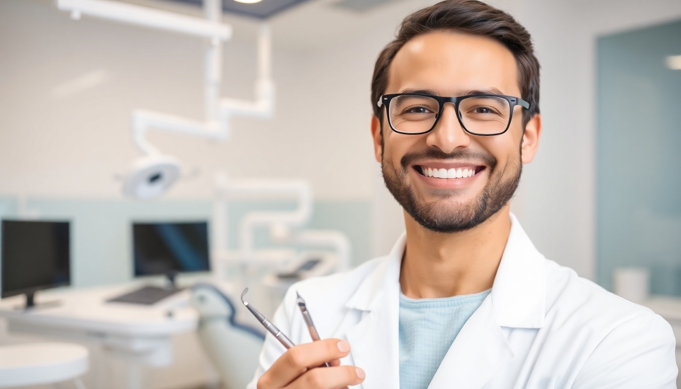 Smiling dentist in a modern dental office.