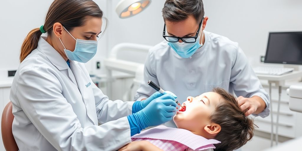 Dentist performing alveolotomy on young patient