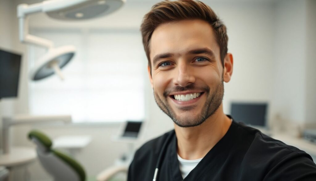 Zahnimplantaten: Smiling dentist in a bright, modern dental practice.