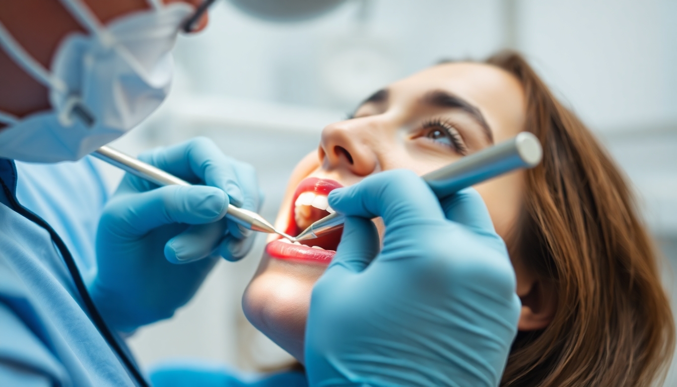 Dental treatment scene with dentist and patient interaction.