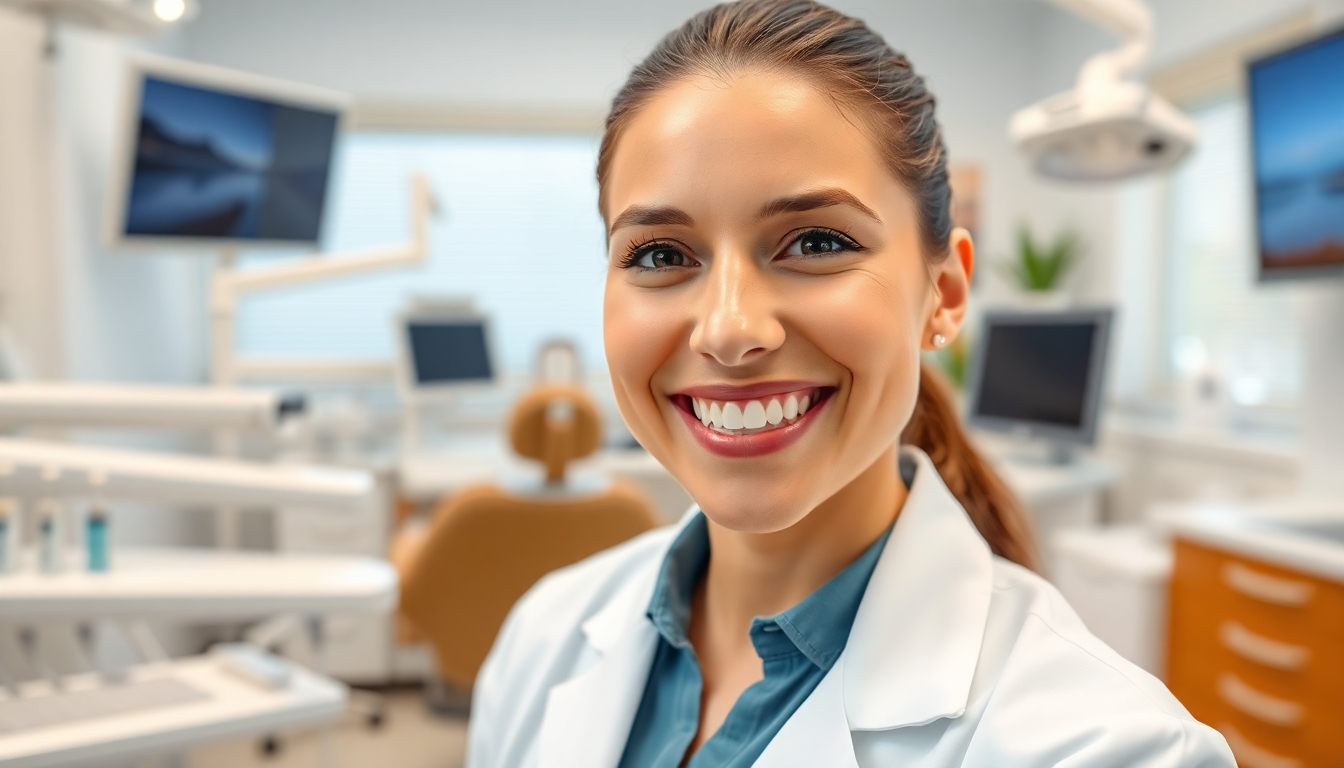 Smiling dentist in a modern dental office.