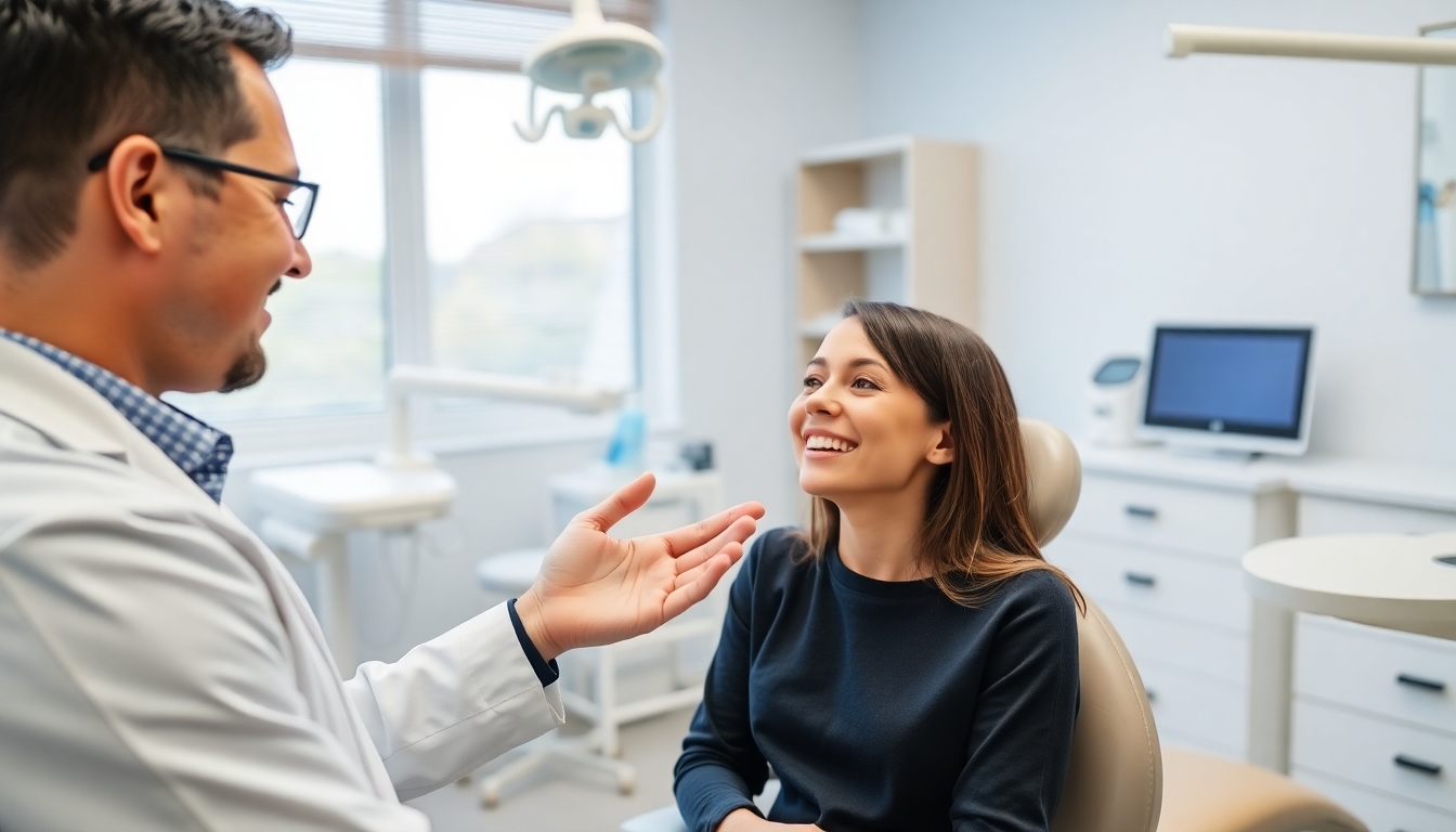 Dentist consulting with a patient about oral health.