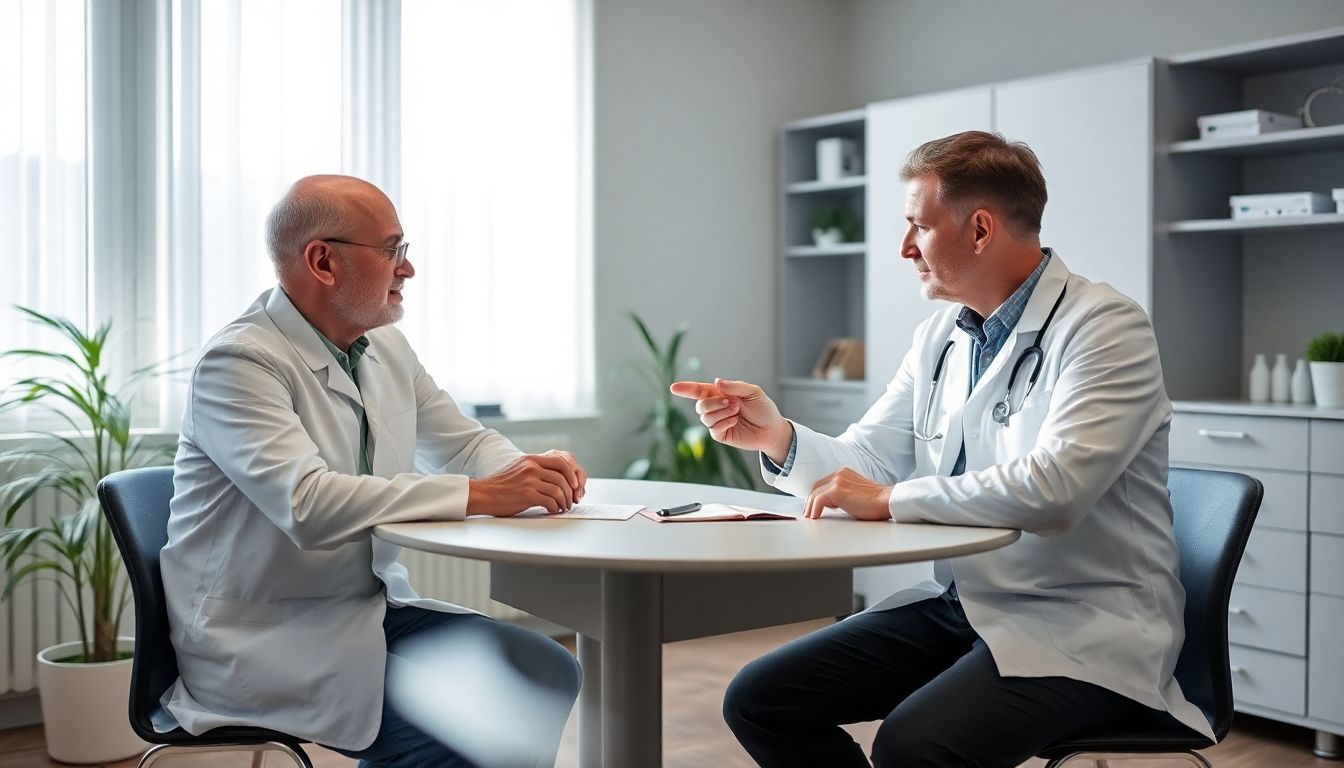 Photodynamische Therapie: Arzt und Patient besprechen Behandlung in heller Praxis.