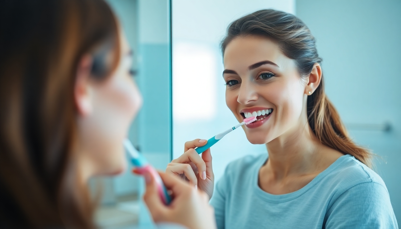Woman brushing teeth in front of a mirror.