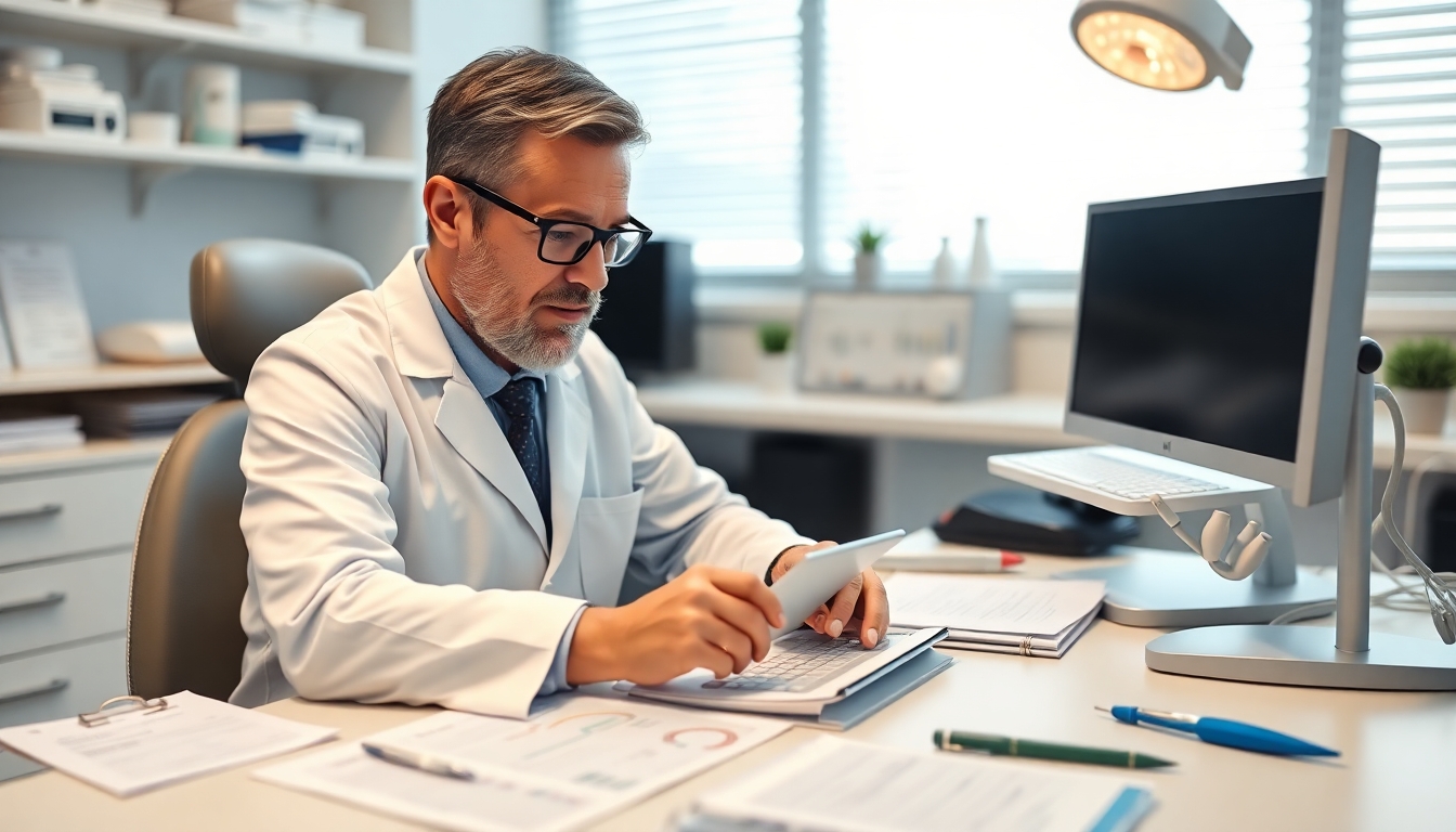 Dentist calculating plaque removal costs at a desk.