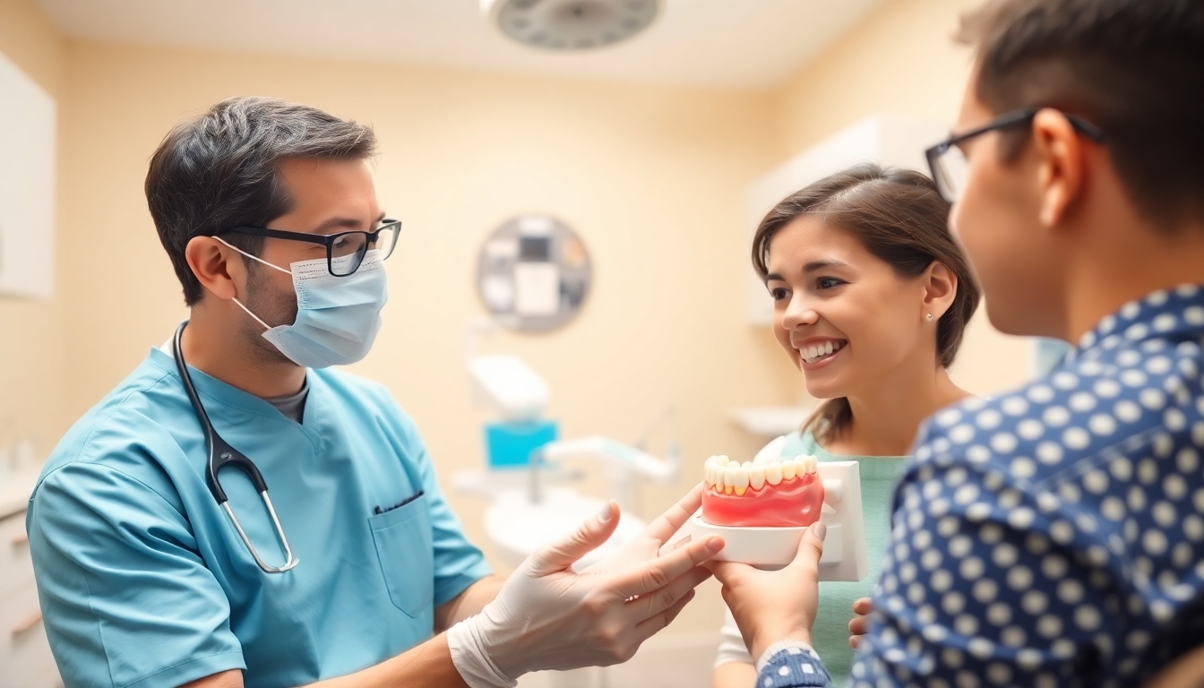 Dentist explaining plaque prevention to a patient.
