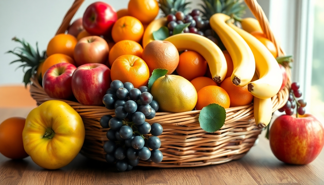 Colorful fruit basket on a wooden table.