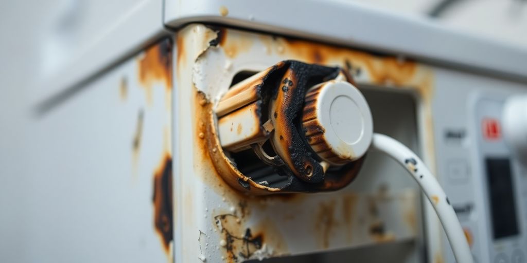 Beschädigtes elektrisches Gerät mit Brandspuren.