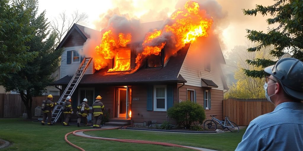 Firefighters extinguishing a burning house
