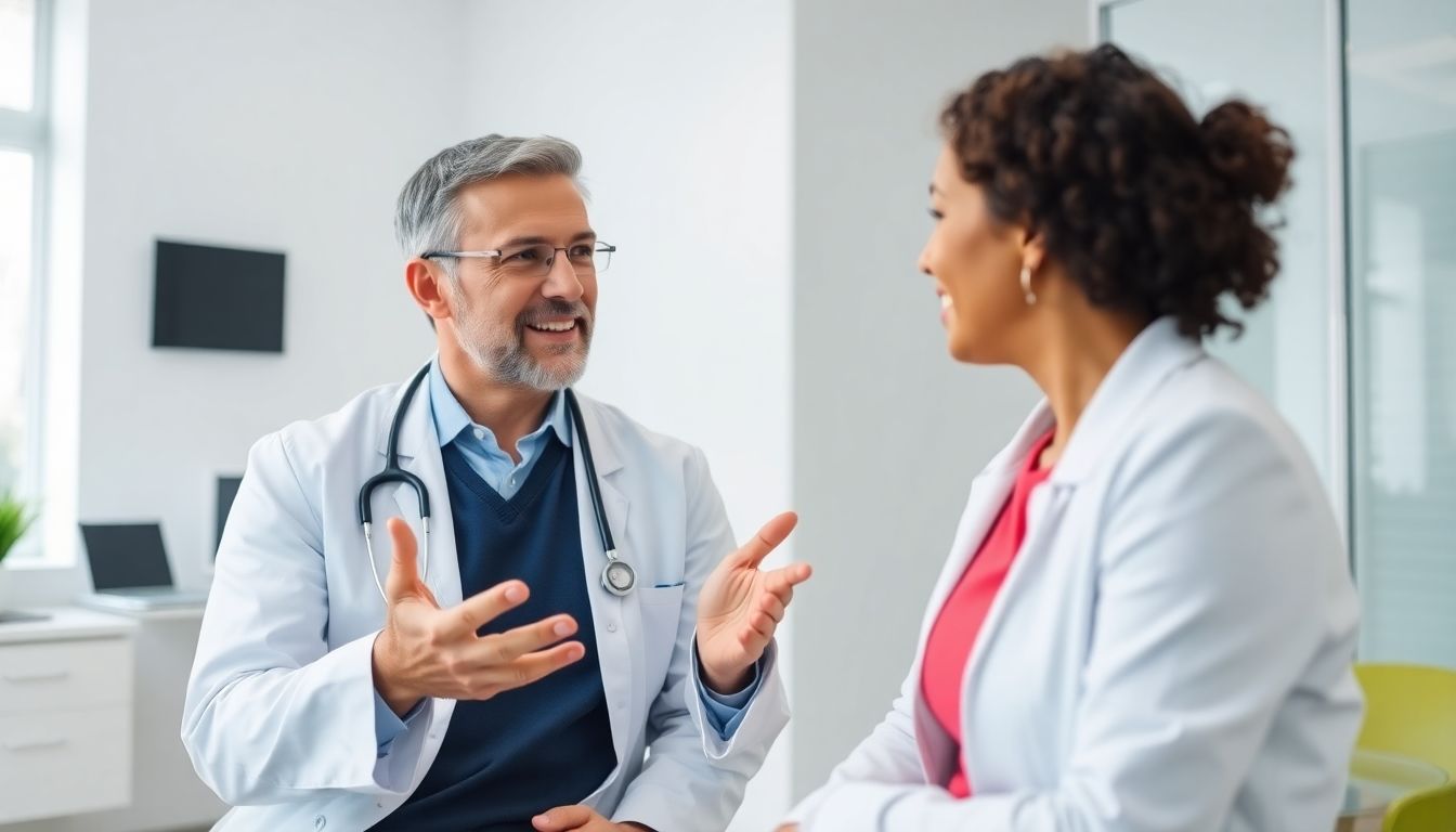 Thoraxdrainage: Doctor and patient discussing medical treatment in a bright clinic.