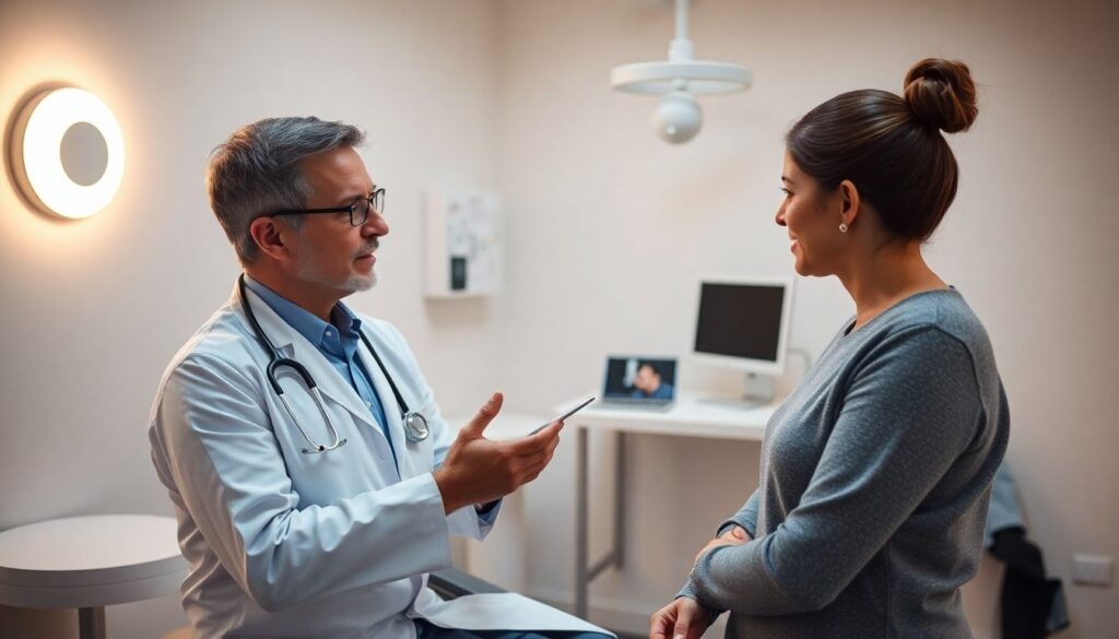 Ausschabung: Arzt und Patientin im Gespräch in einer hellen Praxis.