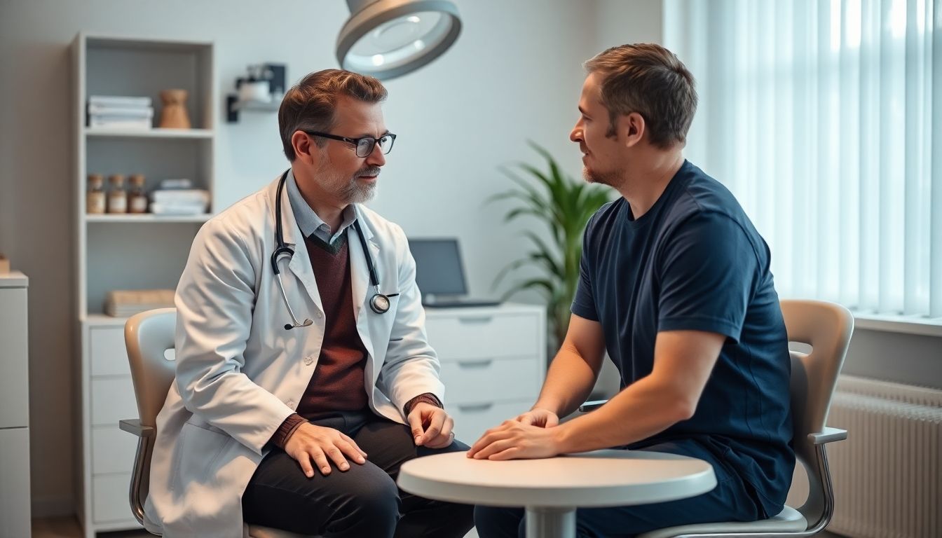Arzt und Patient besprechen Schilddrüsen-OP in heller Praxis.