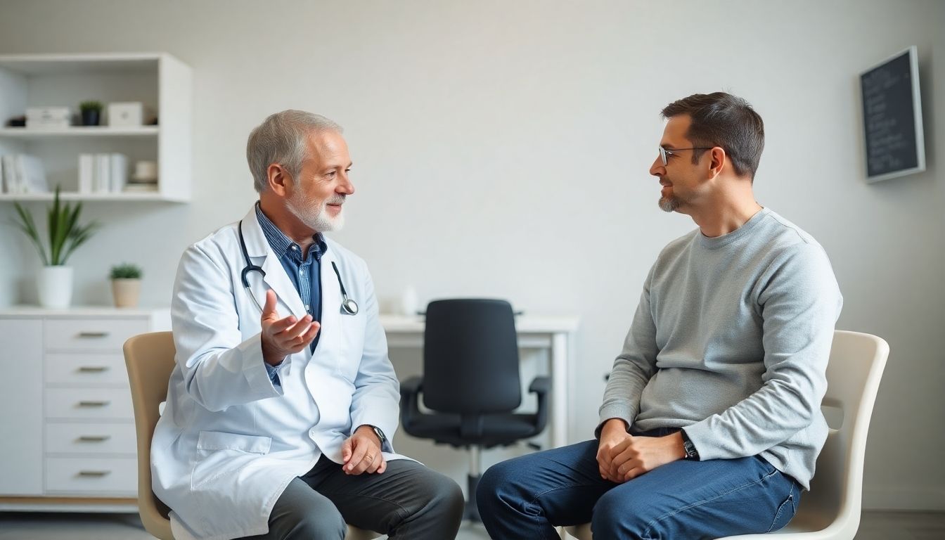 Arzt bespricht Zystektomie mit Patient in heller Praxis.