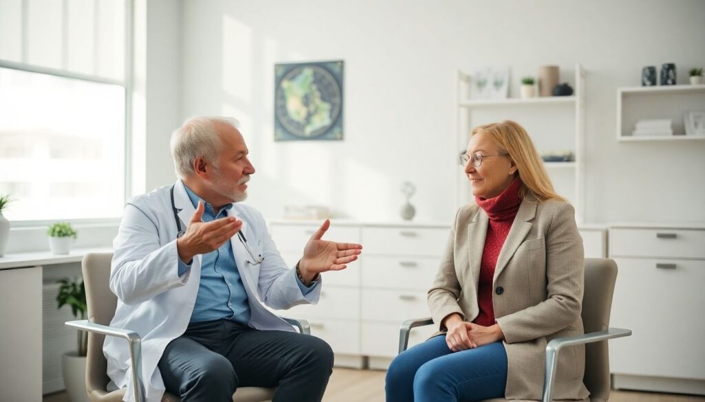 Brustverkleinerung: Arzt und Patientin besprechen in heller Praxis