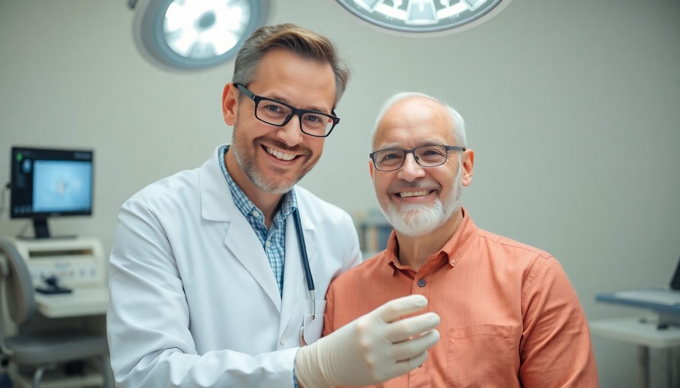 Refraktive Chirurgie: Arzt und Patient besprechen Augen-OP in heller Praxis.