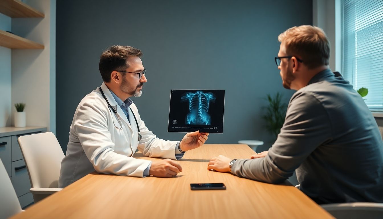 Osteosynthese: Arzt und Patient besprechen Röntgenbild in heller Praxis.