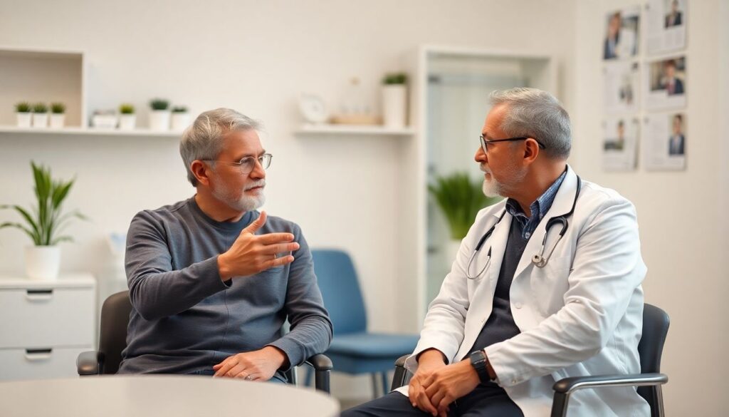 Gastrektomie: Arzt und Patient besprechen eine Operation in einer Praxis.