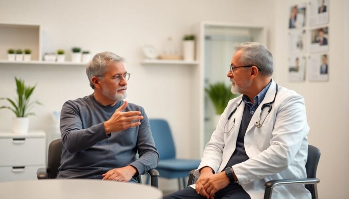 Gastrektomie: Arzt und Patient besprechen eine Operation in einer Praxis.