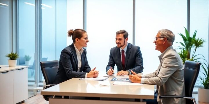 Berater und Kunde im Gespräch in hellem Büro.