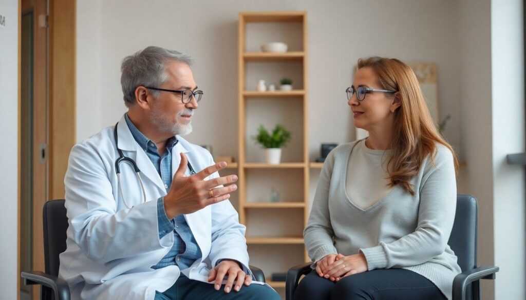 Arzt erklärt Patientin die Kardioversion in heller Praxis.