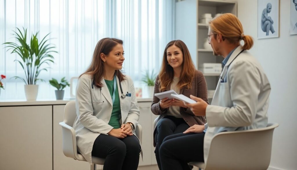 Arzt und Patientin besprechen Verhütungsmethoden in einer Praxis.