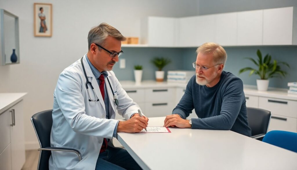 Arzt und Patient besprechen Portkatheter in heller Praxis.