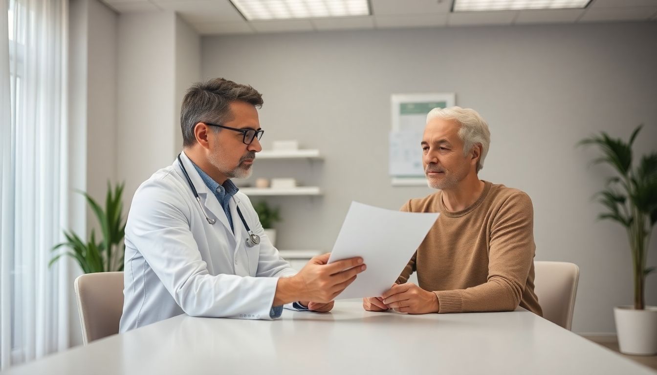 Schilddrüsenvorsorge: Arzt und Patient besprechen Schilddrüsenuntersuchungsergebnisse.