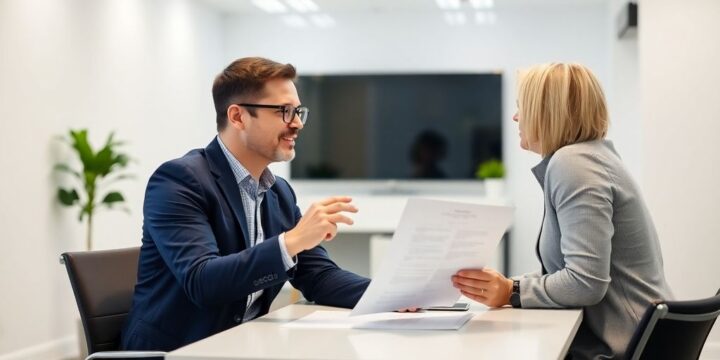 Berater und Klient besprechen Dokumente im Büro.