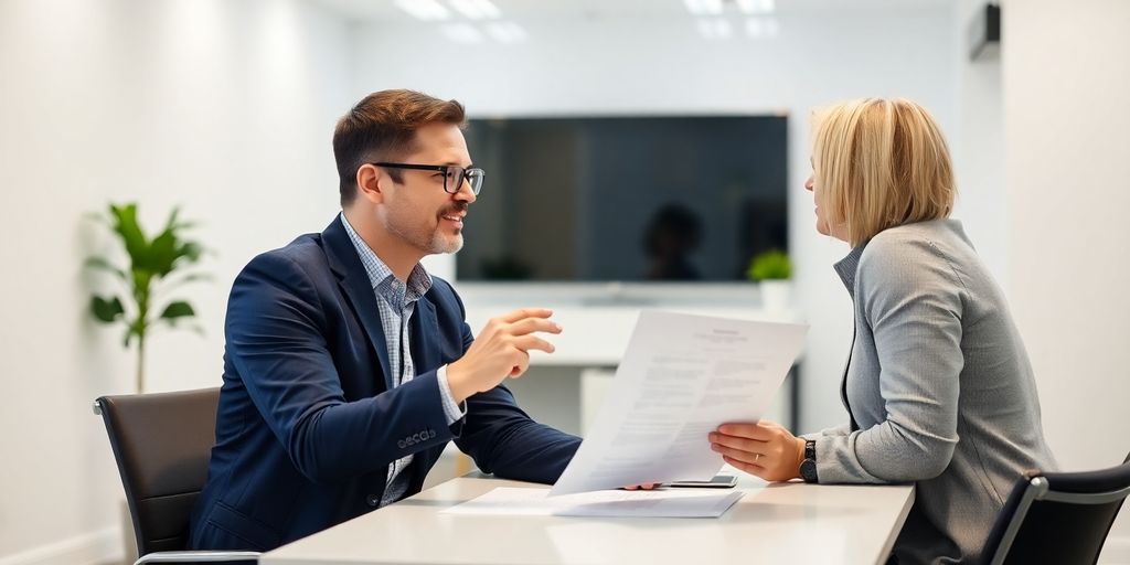 Berater und Klient besprechen Dokumente im Büro.