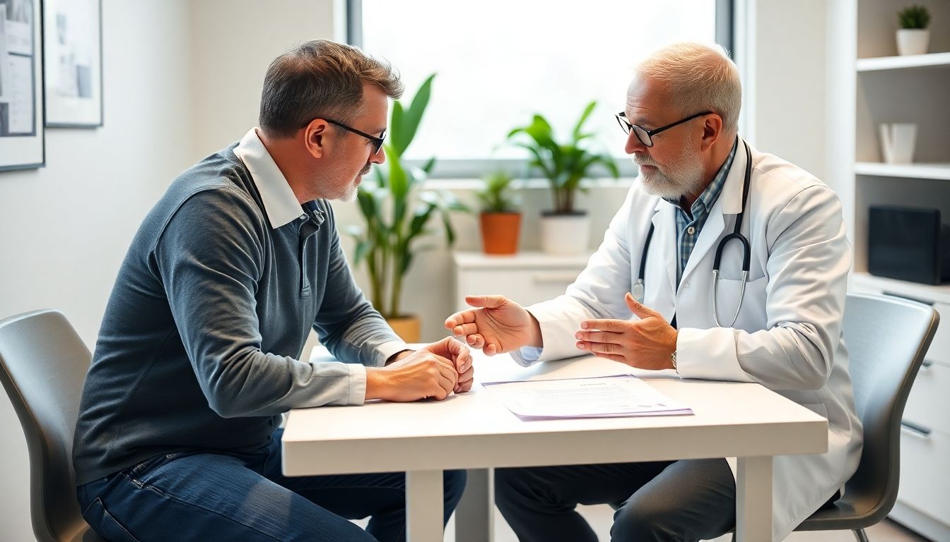 Funktionelle Bewegungslehre: Arzt und Patient besprechen einen Bewegungsplan in einer hellen Praxis.