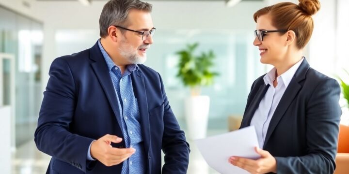 Berater spricht mit Klient in modernem Büro.