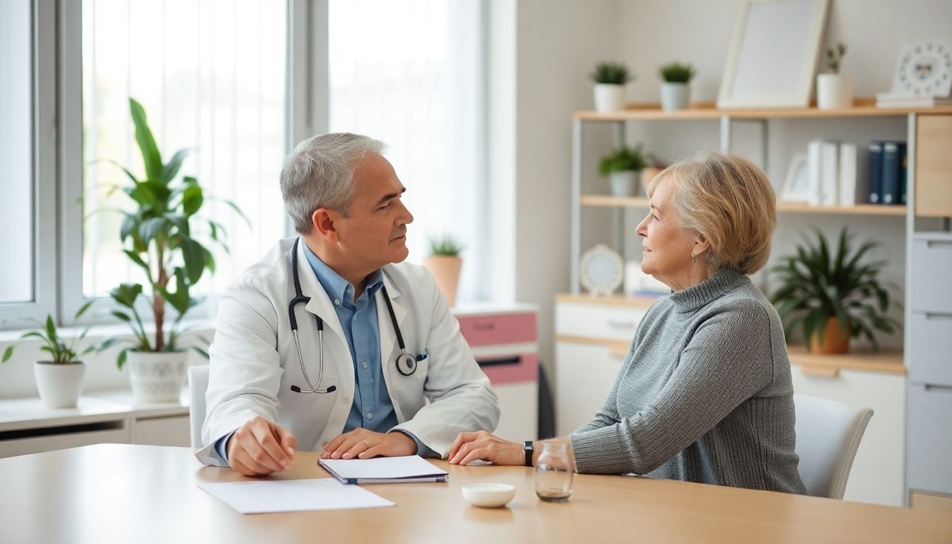 Gedächtnistraining: Arzt und Patientin besprechen sich in einer hellen Praxis.