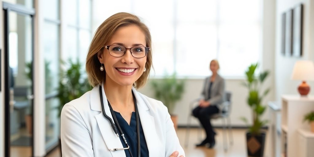 Lächelnde Ärztin behandelt Patienten, die bei der Audi BKK versichert sind.