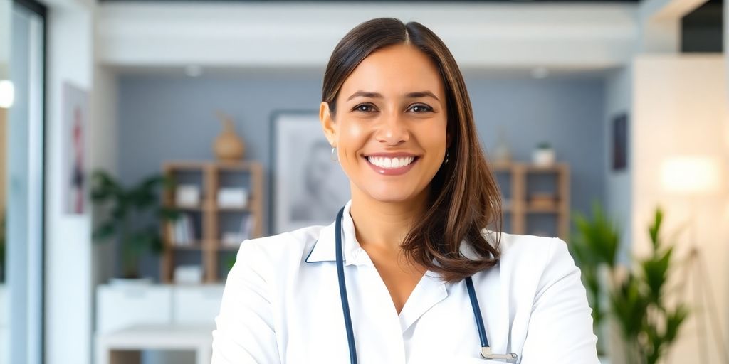 BKK Würth: Lächelnde Ärztin wartet in Praxis auf einen Patienten.