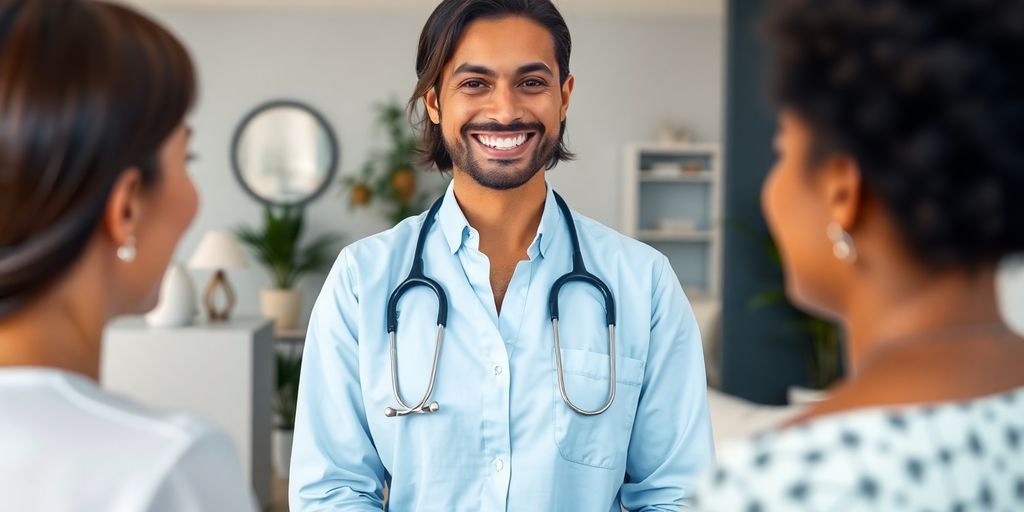 AOK PLUS und alternative Heilmethoden: Heilbehandler im Gespräch mit 2 Frauen in moderner Praxis.