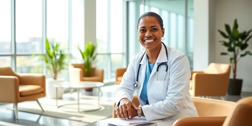 Pflegeleistungen der KNAPPSCHAFT: Lächelnde Ärztin wartet in moderner Praxis auf einen Patienten